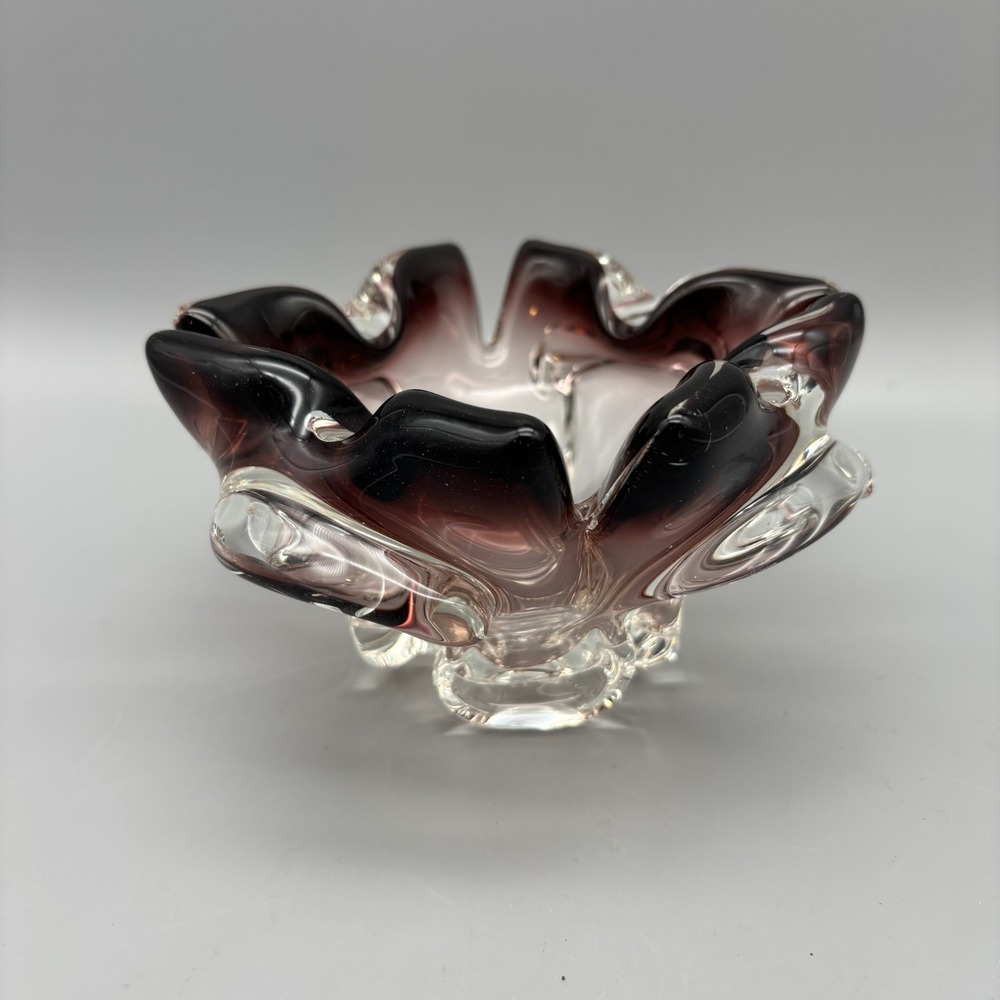 Vintage Murano Style Clear & Amethyst Art Glass Ruffled Bowl Dish 5"‎
